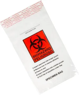 Biohazard Specimen Transport Bags 6" x 10" - Glue Seal with Document Pouch and Absorbent Pad