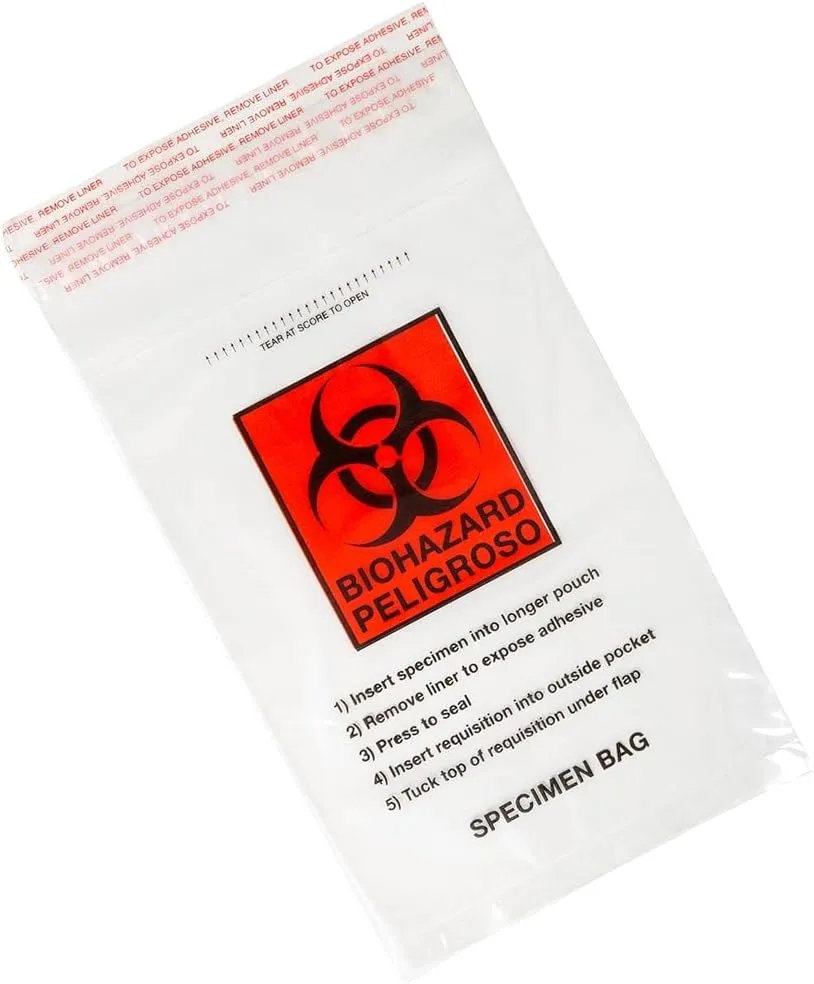 Biohazard Specimen Transport Bags 6" x 10" - Glue Seal with Document Pouch and Absorbent Pad