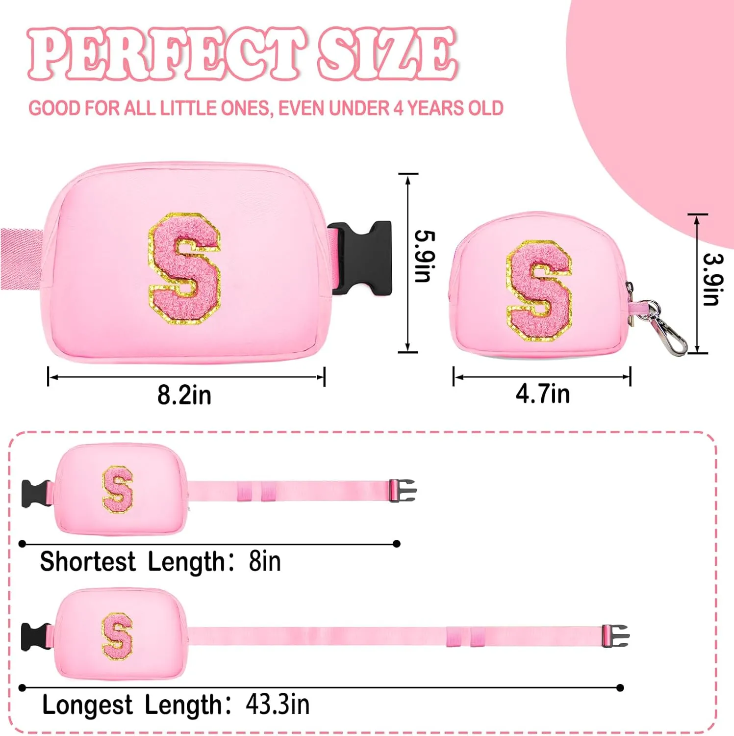 Birthday Gifts for 4 5 6 7 8 9 10 11 12 13 Year Old Girls, Crossbody Bags Fanny Pack with Initial Letter Patch Cute Stuff for Women Girls Teens (S, Pink)