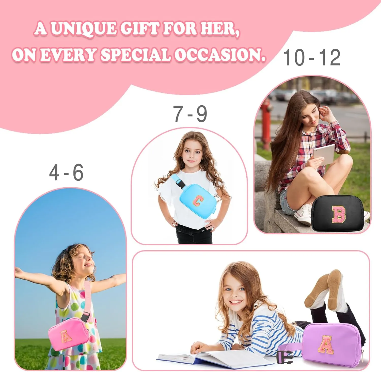 Birthday Gifts for 4 5 6 7 8 9 10 11 12 13 Year Old Girls, Crossbody Bags Fanny Pack with Initial Letter Patch Cute Stuff for Women Girls Teens (S, Pink)