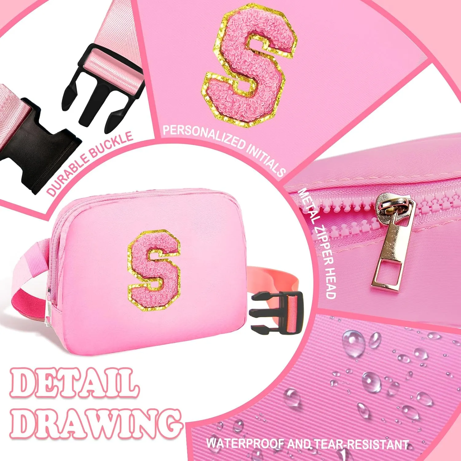 Birthday Gifts for 4 5 6 7 8 9 10 11 12 13 Year Old Girls, Crossbody Bags Fanny Pack with Initial Letter Patch Cute Stuff for Women Girls Teens (S, Pink)