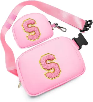 Birthday Gifts for 4 5 6 7 8 9 10 11 12 13 Year Old Girls, Crossbody Bags Fanny Pack with Initial Letter Patch Cute Stuff for Women Girls Teens (S, Pink)
