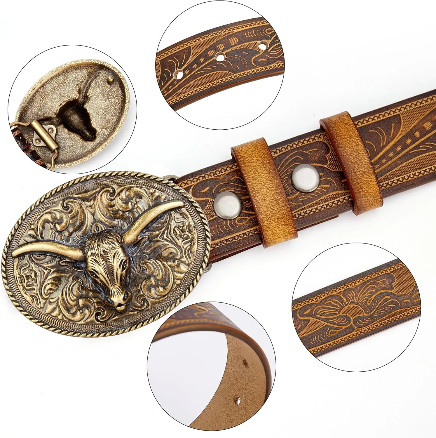 BISON DENIM Mens Western Cowboy Belt - Longhorn Cow Pattern Buckle with Printed Engraved Buckle Strap Adjustable