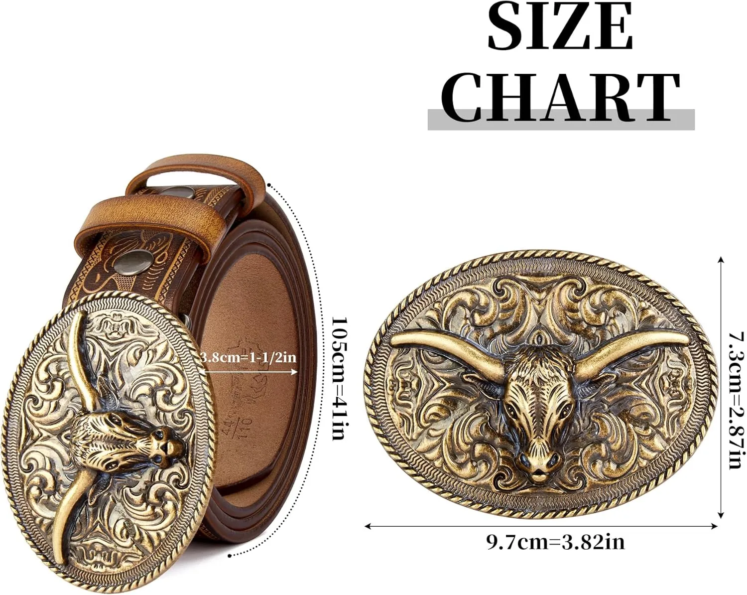BISON DENIM Mens Western Cowboy Belt - Longhorn Cow Pattern Buckle with Printed Engraved Buckle Strap Adjustable