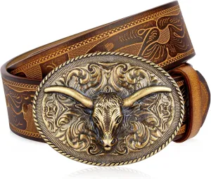 BISON DENIM Mens Western Cowboy Belt - Longhorn Cow Pattern Buckle with Printed Engraved Buckle Strap Adjustable