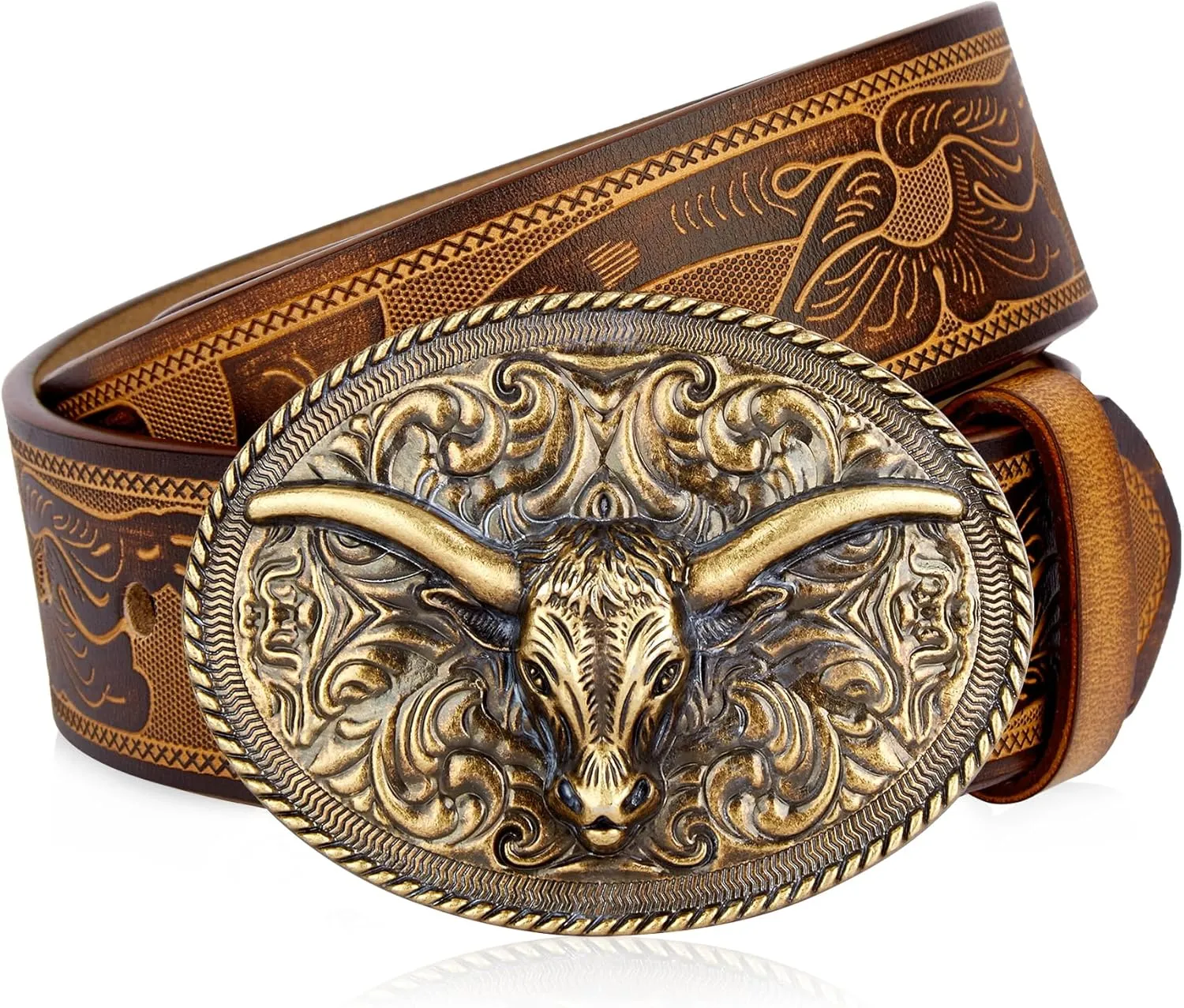 BISON DENIM Mens Western Cowboy Belt - Longhorn Cow Pattern Buckle with Printed Engraved Buckle Strap Adjustable