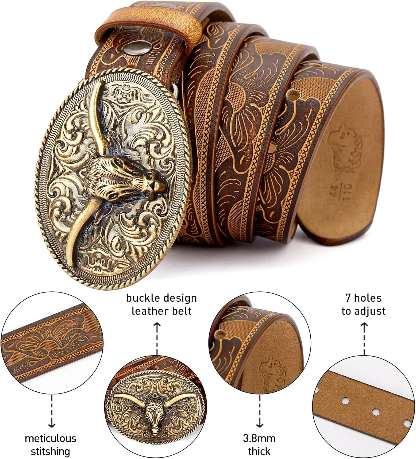 BISON DENIM Mens Western Cowboy Belt - Longhorn Cow Pattern Buckle with Printed Engraved Buckle Strap Adjustable