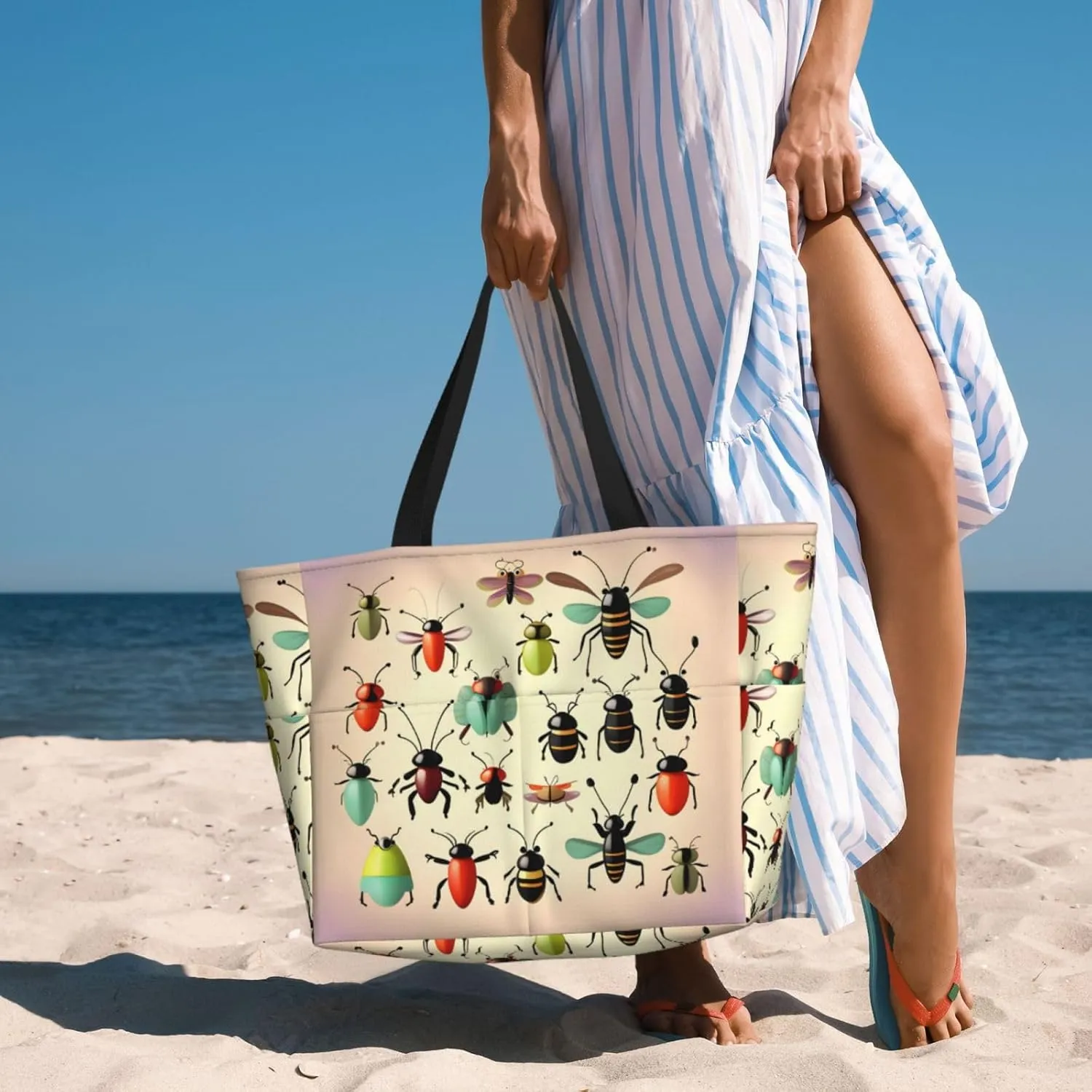 Black And White Lines Spacious Large Capacity Beach Travel Bag - Foldable Beach Bag Tote Bag With Zipper