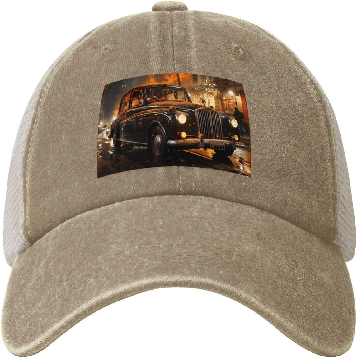 Black Men Women Denim Mesh Baseball Cap - London Black Cab Print Breathable Trucker Hat, for Casual Outdoor Sunshade Caps