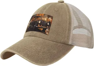 Black Men Women Denim Mesh Baseball Cap - London Black Cab Print Breathable Trucker Hat, for Casual Outdoor Sunshade Caps