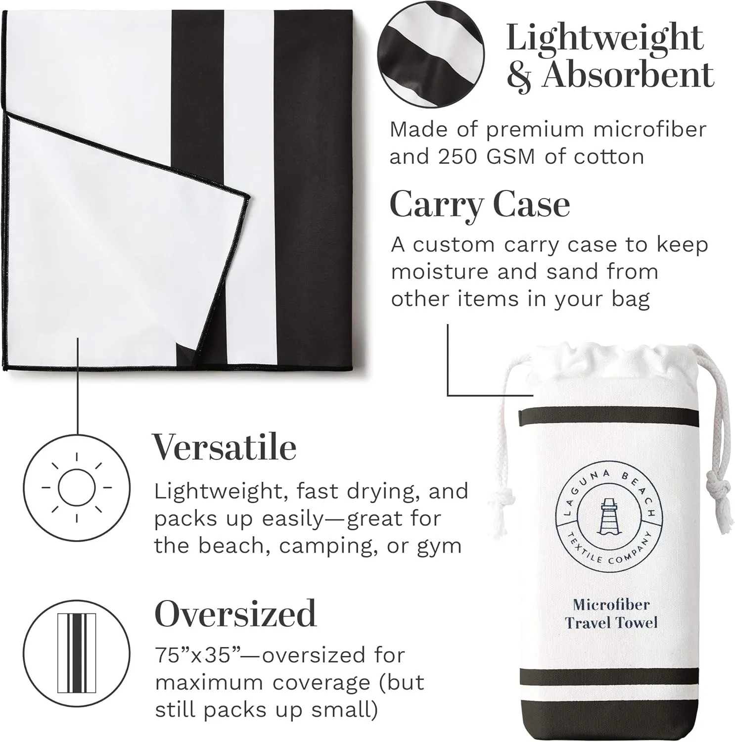 Black Microfiber Beach Towel by Laguna Beach Textile Co - Sand Free, Light Weight Striped Pool Towel - Perfect for Yoga, Gym, Beach, Pool - Extra Large, 35" x 75" - Noir