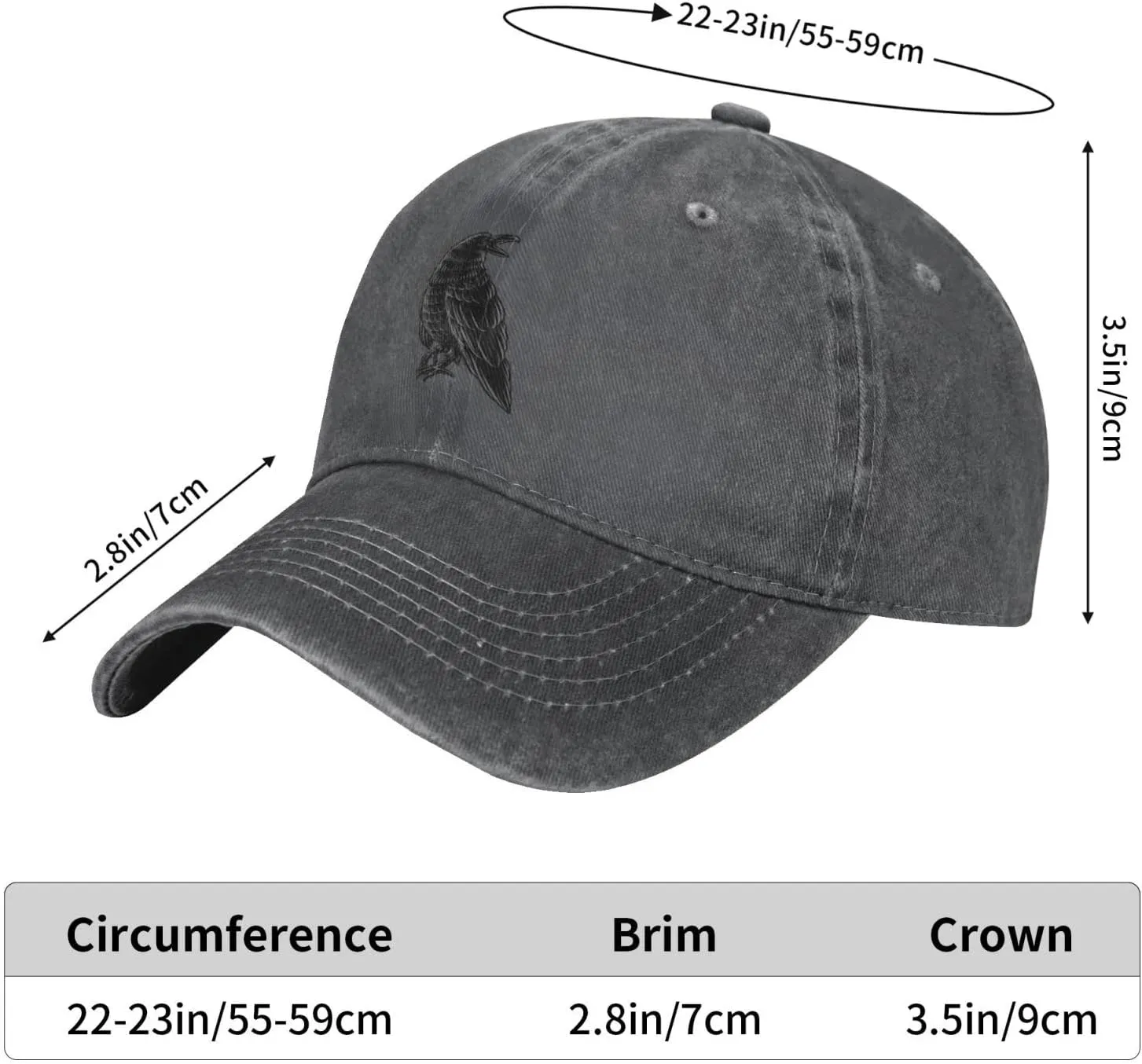 Black Raven Baseball Cap for Men Women Hats Adjustable Denim Hat Dad Hat