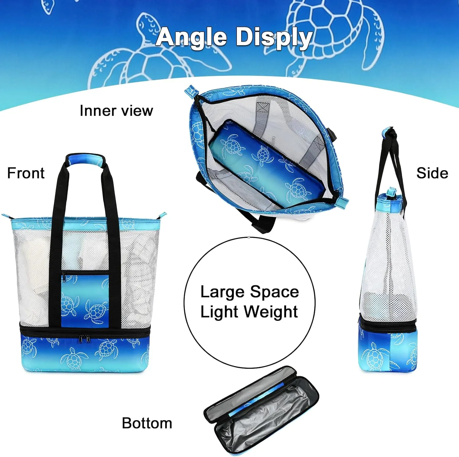 Bluboon Mesh Beach Tote Bag with Cooler Compartment Insulated Detachable Picnic Bag with Zipper and Pocket Pool Bag for Women