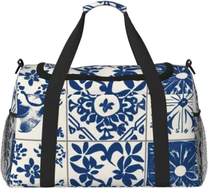 Blue Boho Tiles Morocco Floral Travel Duffel Bag Tote Bag Sports Gym Bag For Women And Men