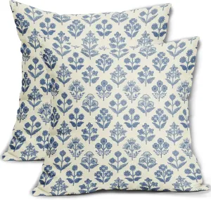 Blue Floral Pillow Covers 18x18 Inch Set of 2, Vintage Flower Block Print Pattern Decorative Throw Pillowcases Outdoor Farmhouse Cushion Covers Spring Summer Rustic Decoration Sofa Couch Bed Decor