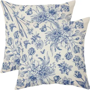 Blue Floral Pillow Covers 18x18 Set of 2 Vintage Flower Chinoiserie Blue Cream Outdoor Decorative Throw Pillows Country Farmhouse Pillowcases Square Linen Cushion Case Decor for Home Sofa Couch Bed