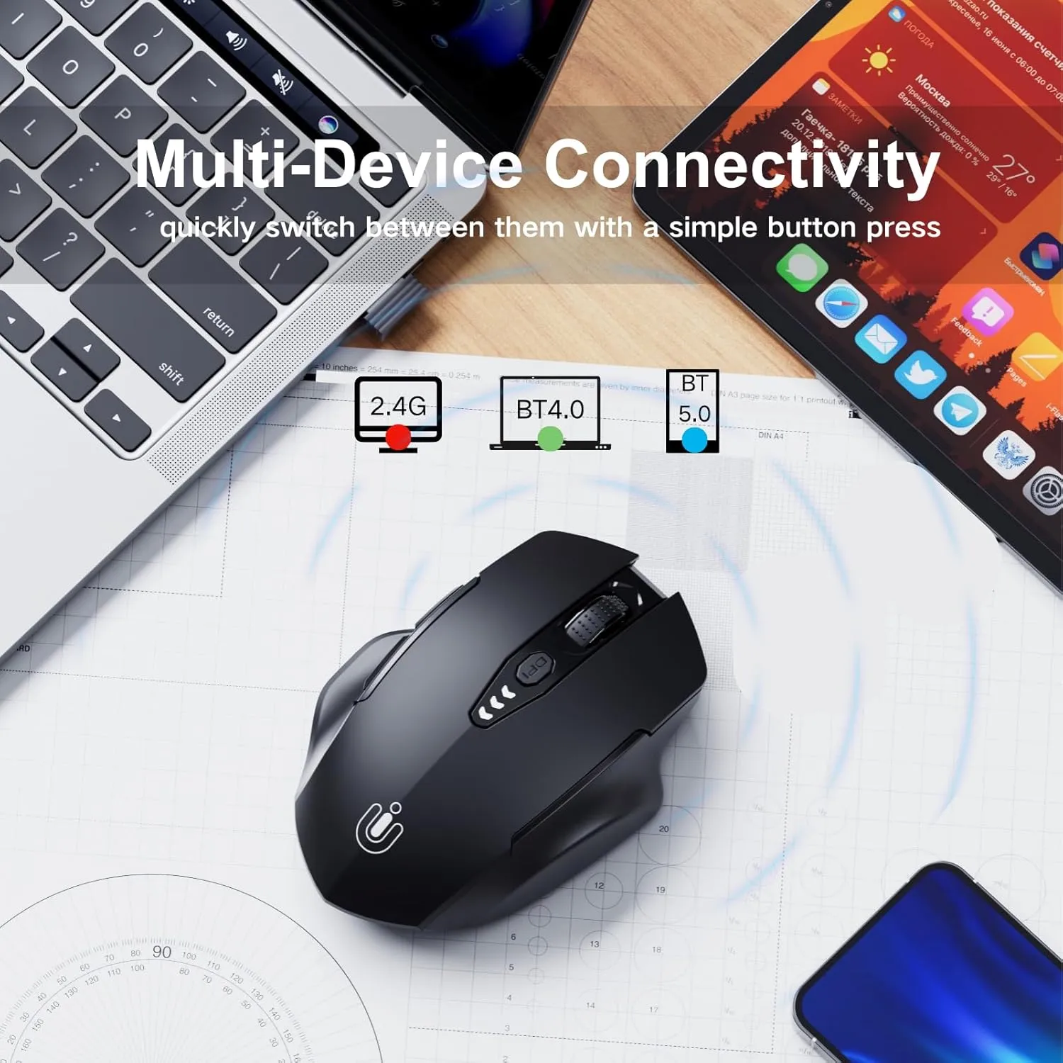 Bluetooth Mouse,[Upgraded] Rechargeable Wireless Mouse (BT 5.0/4.0 2.4G Hz),Computer Mouse with Visible Battery Level, 4 Adjustable DPI, Portable PC Mouse for MacBook Chromebook,Black