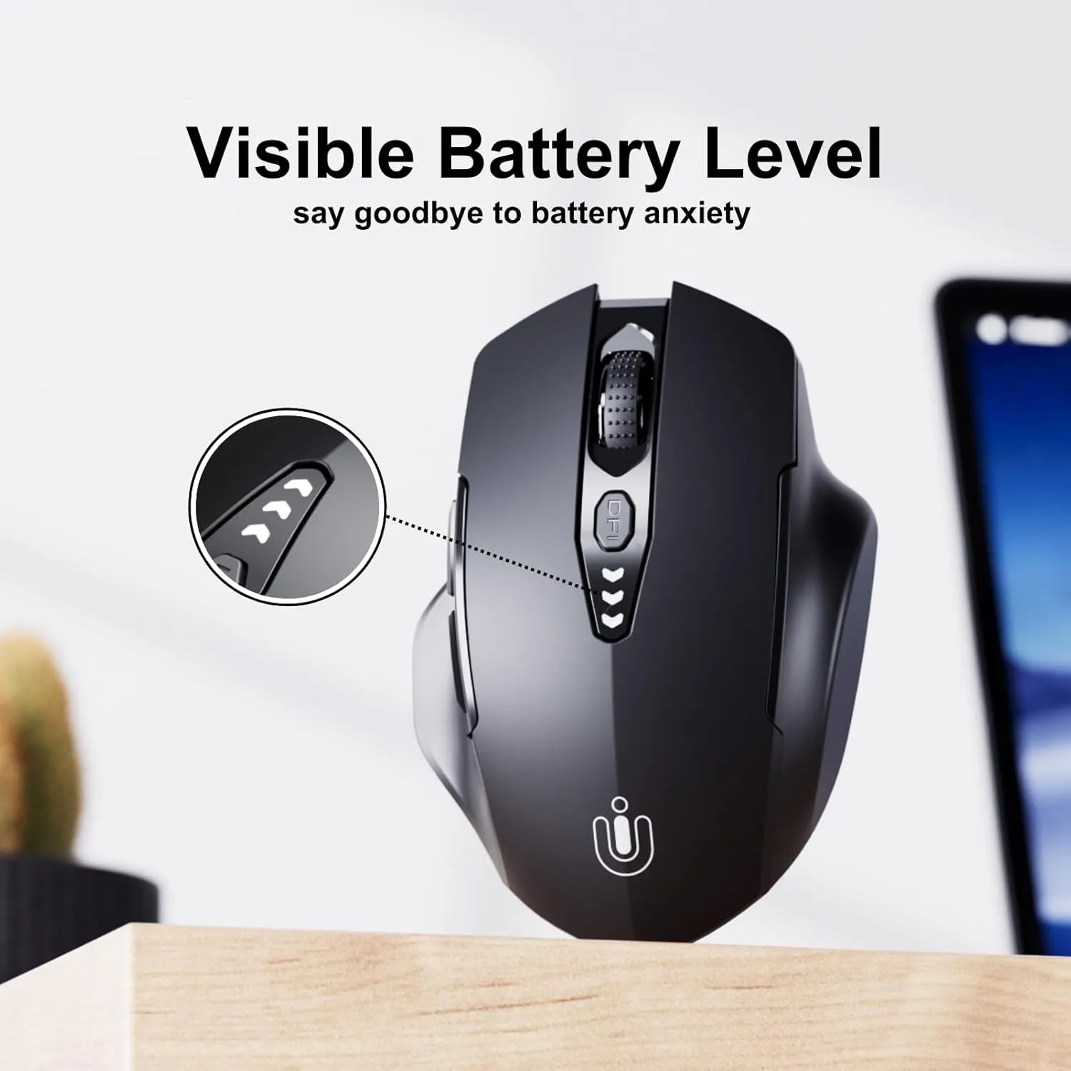 Bluetooth Mouse,[Upgraded] Rechargeable Wireless Mouse (BT 5.0/4.0 2.4G Hz),Computer Mouse with Visible Battery Level, 4 Adjustable DPI, Portable PC Mouse for MacBook Chromebook,Black