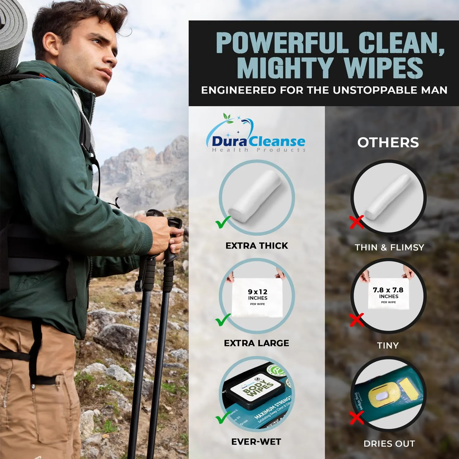 Body Wipes for Men - 50 XL No Rinse Shower Wipes   4 Travel Bath Wipes - 9"x12" After Gym Wipes - Mens Deodorant Wipes - Face Wipes for Men -For Camping Essentials, Survival Gear and Supplies