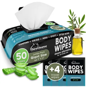 Body Wipes for Men - 50 XL No Rinse Shower Wipes   4 Travel Bath Wipes - 9"x12" After Gym Wipes - Mens Deodorant Wipes - Face Wipes for Men -For Camping Essentials, Survival Gear and Supplies