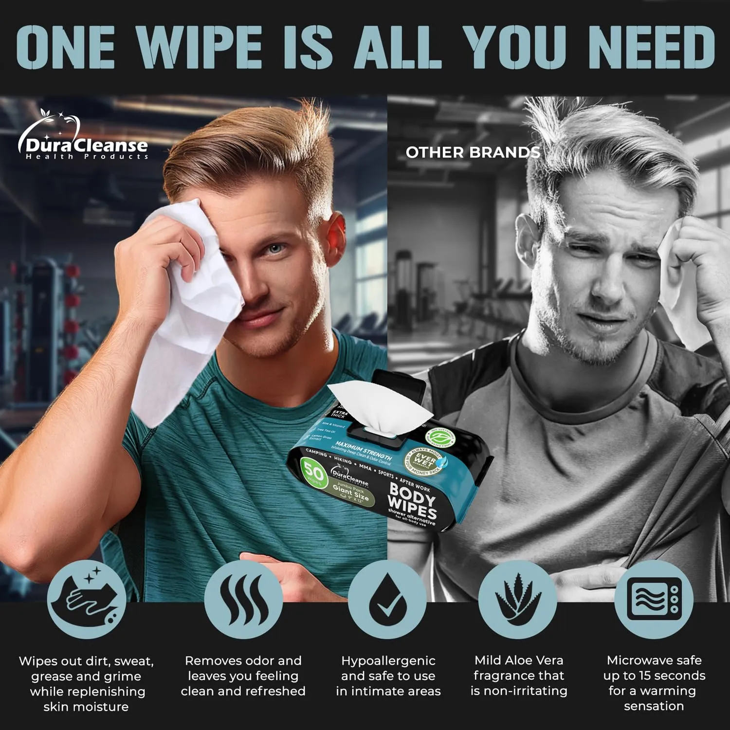 Body Wipes for Men - 50 XL No Rinse Shower Wipes   4 Travel Bath Wipes - 9"x12" After Gym Wipes - Mens Deodorant Wipes - Face Wipes for Men -For Camping Essentials, Survival Gear and Supplies