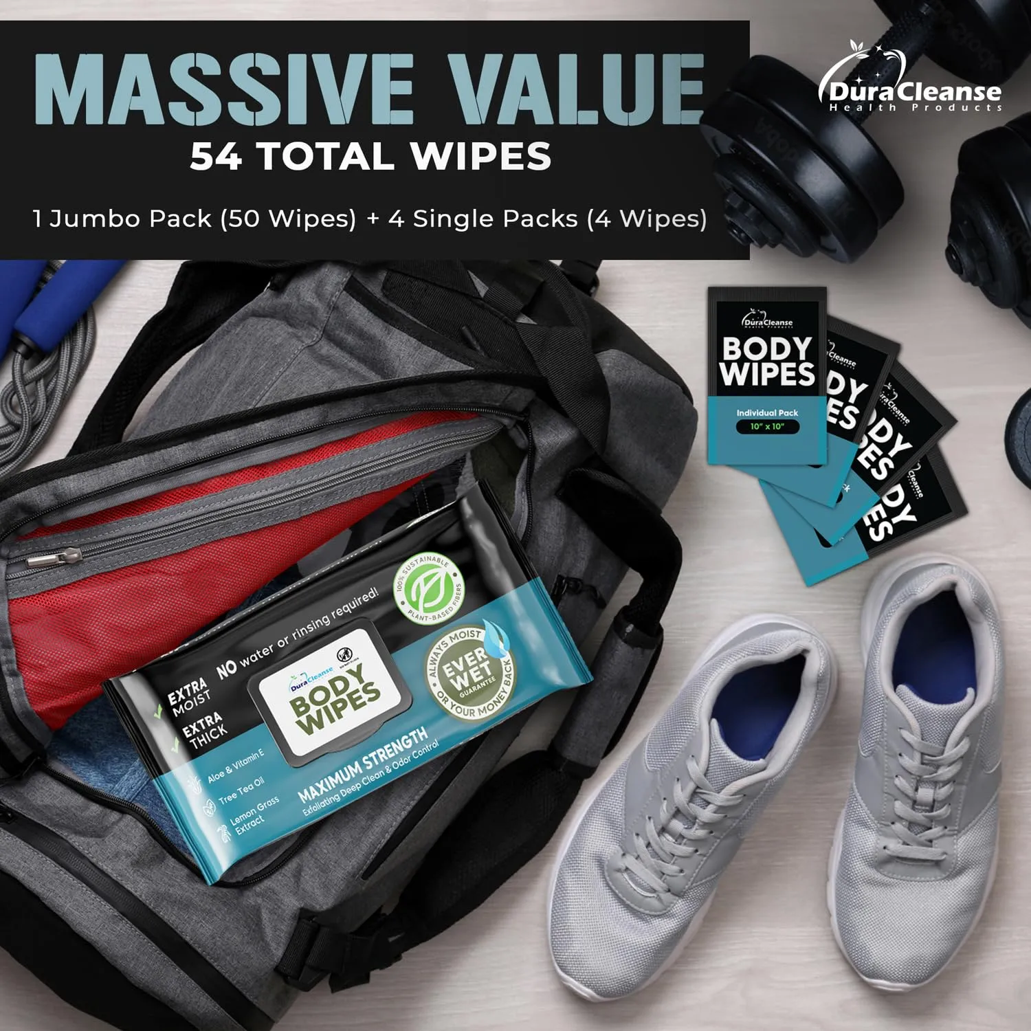 Body Wipes for Men - 50 XL No Rinse Shower Wipes   4 Travel Bath Wipes - 9"x12" After Gym Wipes - Mens Deodorant Wipes - Face Wipes for Men -For Camping Essentials, Survival Gear and Supplies