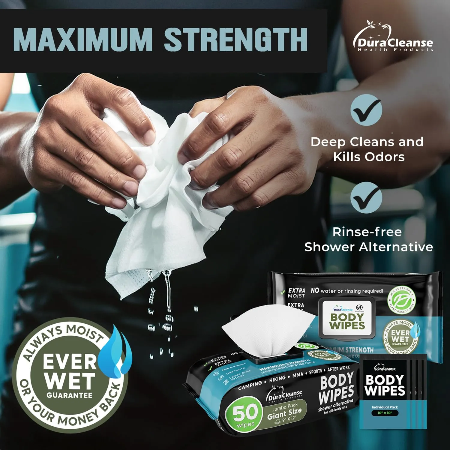 Body Wipes for Men - 50 XL No Rinse Shower Wipes   4 Travel Bath Wipes - 9"x12" After Gym Wipes - Mens Deodorant Wipes - Face Wipes for Men -For Camping Essentials, Survival Gear and Supplies