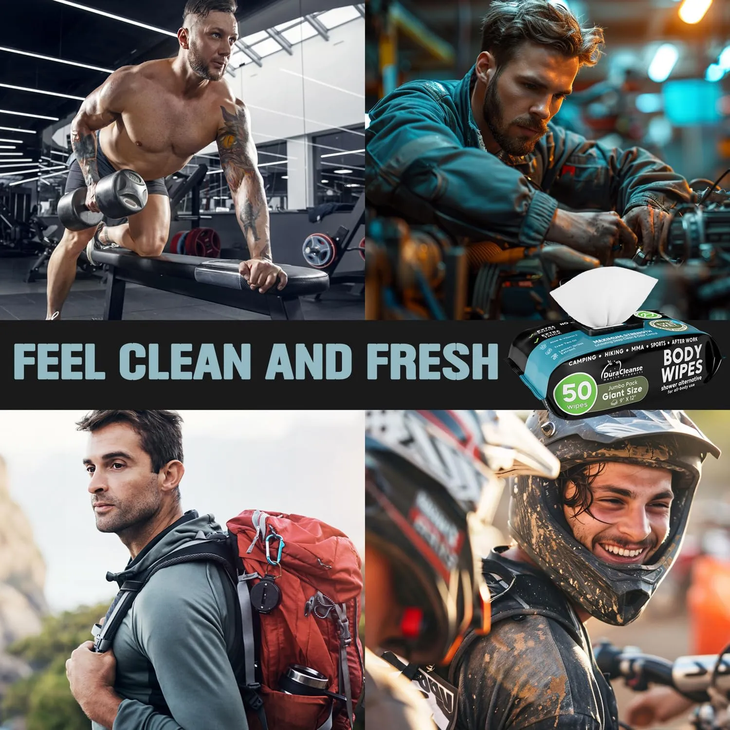 Body Wipes for Men - 50 XL No Rinse Shower Wipes   4 Travel Bath Wipes - 9"x12" After Gym Wipes - Mens Deodorant Wipes - Face Wipes for Men -For Camping Essentials, Survival Gear and Supplies