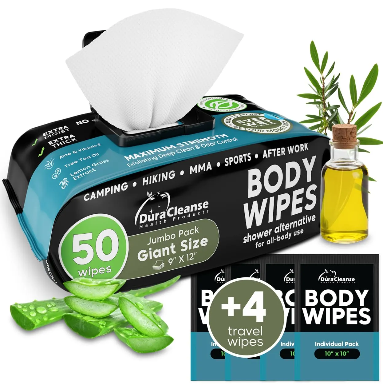 Body Wipes for Men - 50 XL No Rinse Shower Wipes   4 Travel Bath Wipes - 9"x12" After Gym Wipes - Mens Deodorant Wipes - Face Wipes for Men -For Camping Essentials, Survival Gear and Supplies