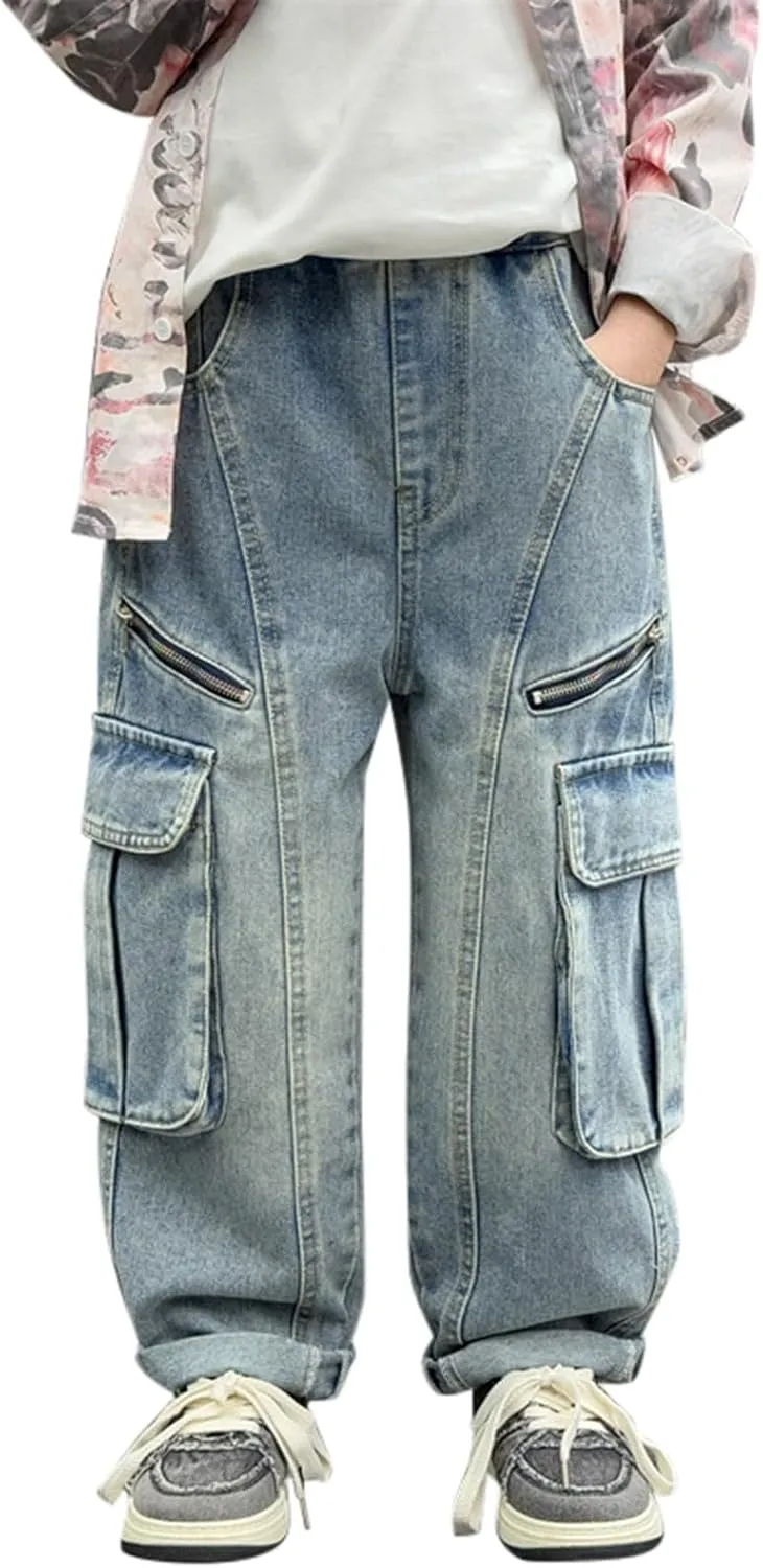 Boys Baggy Jeans Kids Y2K Casual Straight Wide Leg Cargo Jeans Loose Denim Pants Trousers 5 6 7 8 9 10 12