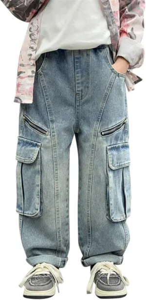 Boys Baggy Jeans Kids Y2K Casual Straight Wide Leg Cargo Jeans Loose Denim Pants Trousers 5 6 7 8 9 10 12