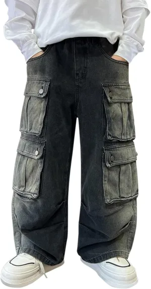 Boys Baggy Jeans Kids Y2K Casual Straight Wide Leg Cargo Jeans Loose Denim Pants Trousers 5 6 7 8 9 10 12