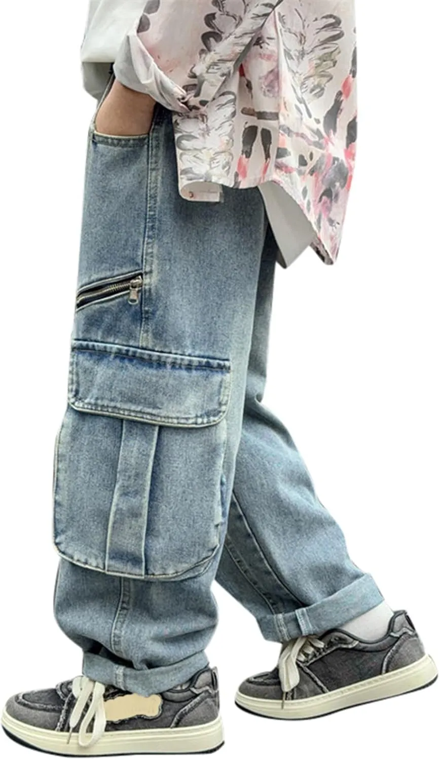 Boys Baggy Jeans Kids Y2K Casual Straight Wide Leg Cargo Jeans Loose Denim Pants Trousers 5 6 7 8 9 10 12