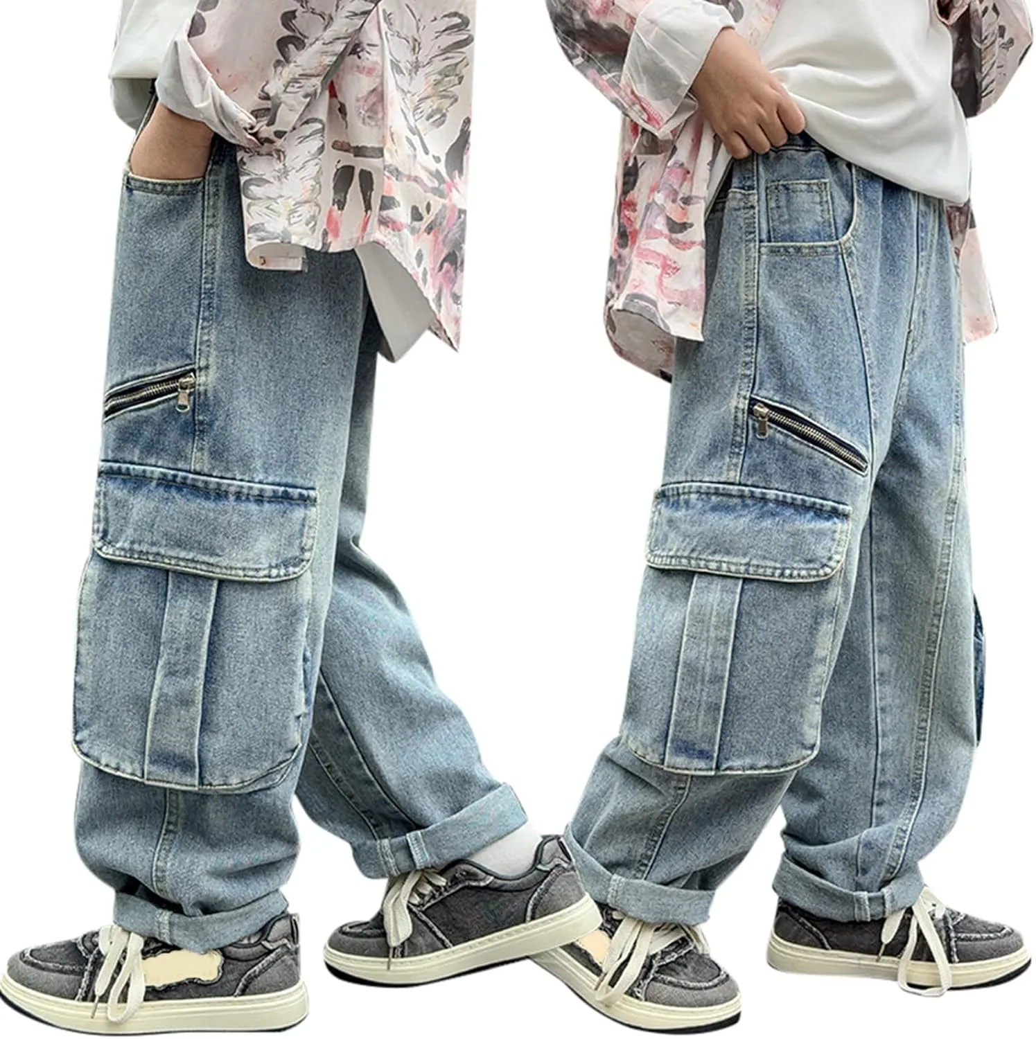 Boys Baggy Jeans Kids Y2K Casual Straight Wide Leg Cargo Jeans Loose Denim Pants Trousers 5 6 7 8 9 10 12
