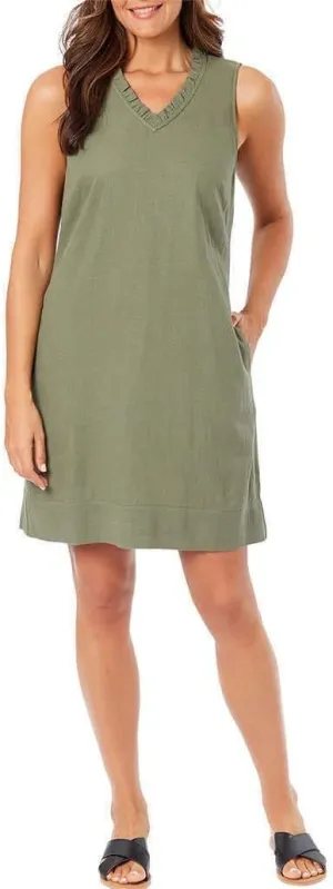 Briggs Ladies' Ruffle V-Neck Linen Blend Dress (US, Alpha, Large, Regular, Regular, Green)