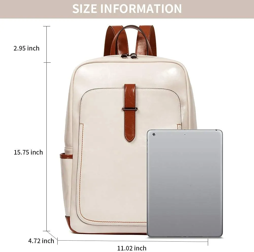 BROMEN Leather Laptop Backpack for Women 15.6 inch Computer Business Travel Professional Work Daypack College Bag Beige