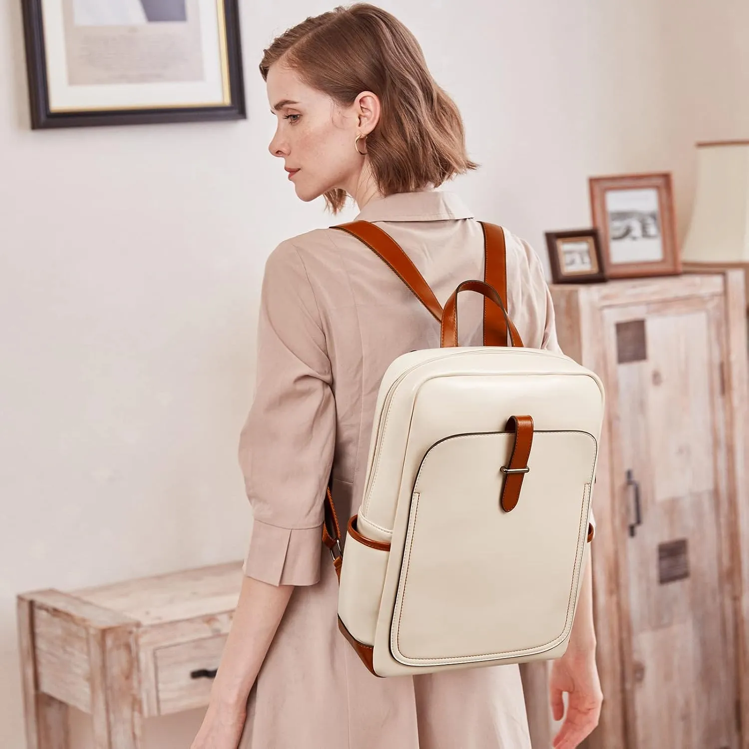BROMEN Leather Laptop Backpack for Women 15.6 inch Computer Business Travel Professional Work Daypack College Bag Beige