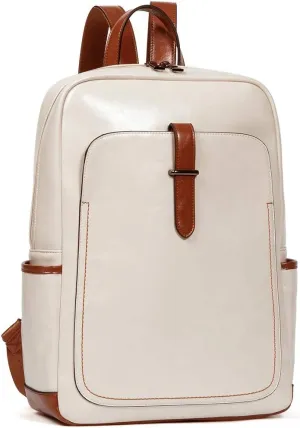 BROMEN Leather Laptop Backpack for Women 15.6 inch Computer Business Travel Professional Work Daypack College Bag Beige