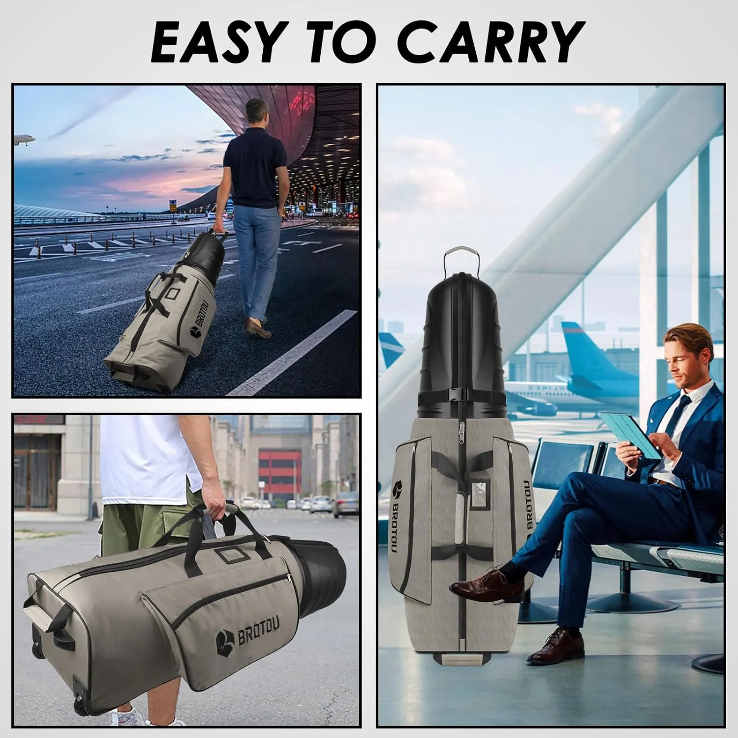 BROTOU Golf Travel Bags for Airlines with Tank Wheels and ABS Hard Shell Top Golf Club Travel Case Waterproof Oxford Fabric Protect Golfs Clubs Large Capacity and Easy to Maneuver
