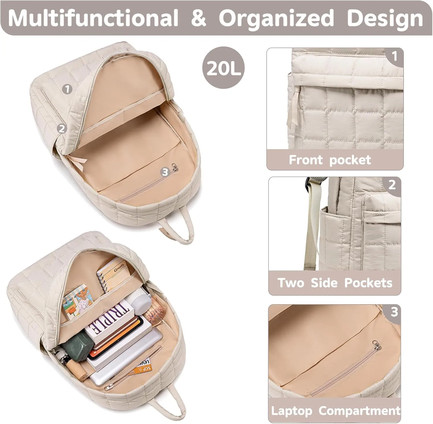 BTOOP Travel Backpack for Women Work Backpack Quilted College Backpacks for School Fit 15.6 Inch Laptop (Beige-Gray)