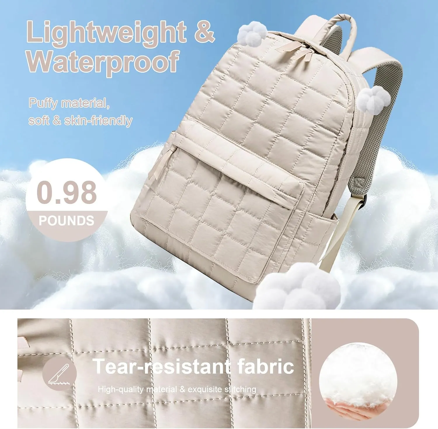 BTOOP Travel Backpack for Women Work Backpack Quilted College Backpacks for School Fit 15.6 Inch Laptop (Beige-Gray)