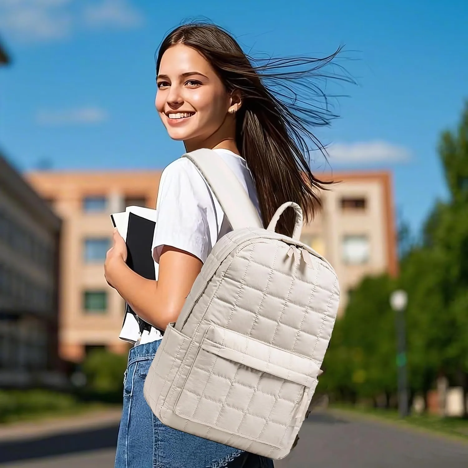 BTOOP Travel Backpack for Women Work Backpack Quilted College Backpacks for School Fit 15.6 Inch Laptop (Beige-Gray)