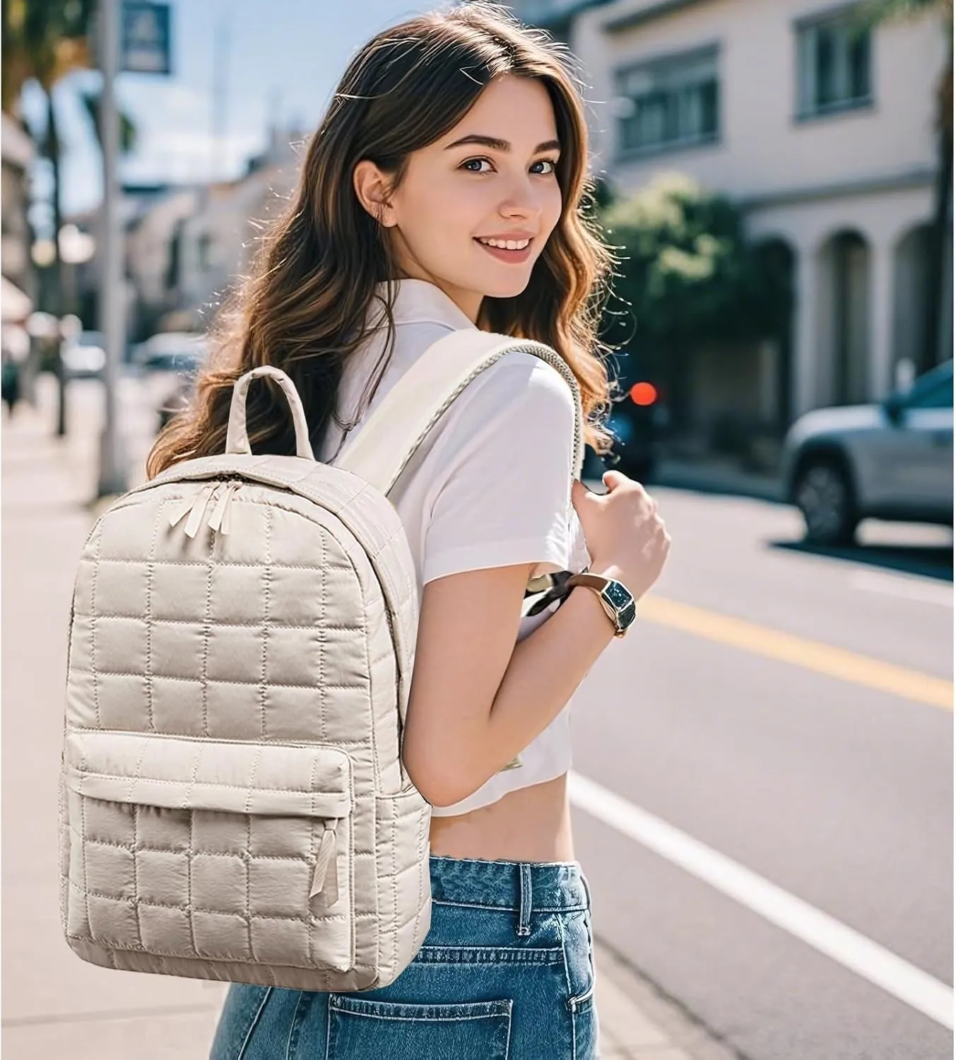 BTOOP Travel Backpack for Women Work Backpack Quilted College Backpacks for School Fit 15.6 Inch Laptop (Beige-Gray)
