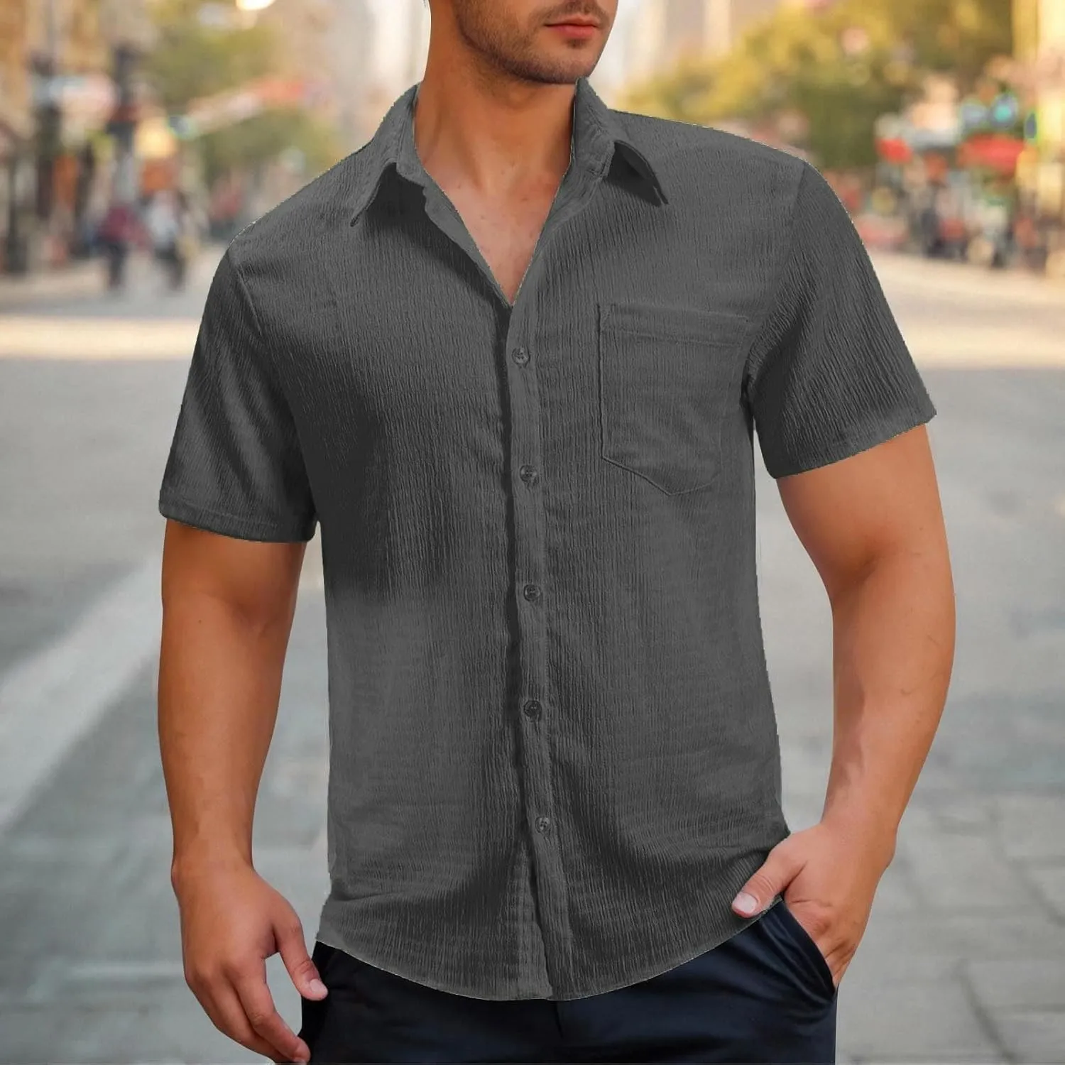 Button Down Shirt for Men Summer Solid Button Short Sleeve Lapel Blouse Casual Fashion Vintage Beach Hawaiian Tops