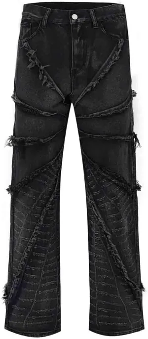 BXCNCKD Gothic Retro Damaged Spider Web Ragged Edge Jeans Men's Y2K High Street Loose Pants