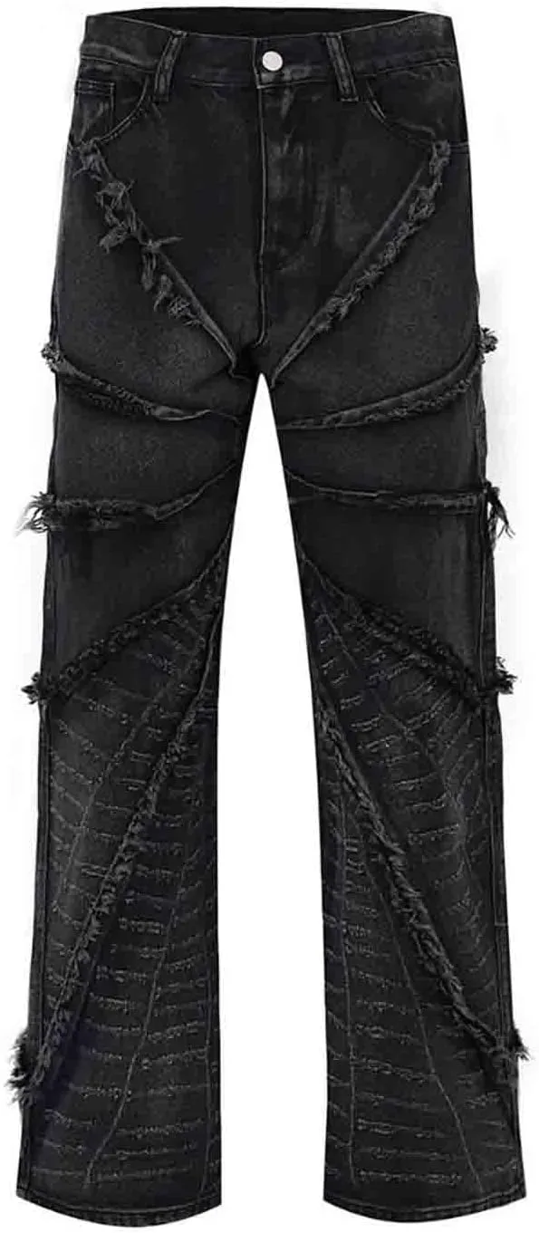 BXCNCKD Gothic Retro Damaged Spider Web Ragged Edge Jeans Men's Y2K High Street Loose Pants