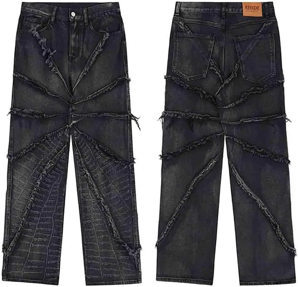 BXCNCKD Gothic Retro Damaged Spider Web Ragged Edge Jeans Men's Y2K High Street Loose Pants