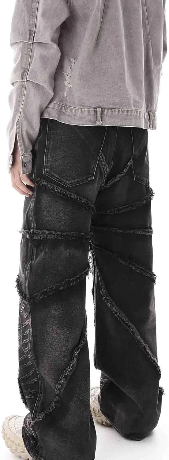 BXCNCKD Gothic Retro Damaged Spider Web Ragged Edge Jeans Men's Y2K High Street Loose Pants