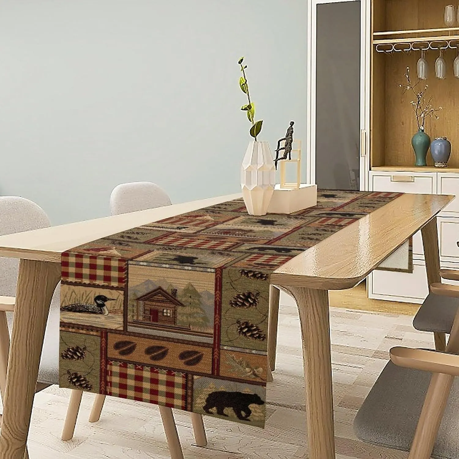 Cabin Table Runner Country Style Farmhouse Moose Bear Forest Nature Kitchen Dinner Runner for Indoor Home Living Room Party Dining Table Decoration 13"x70"