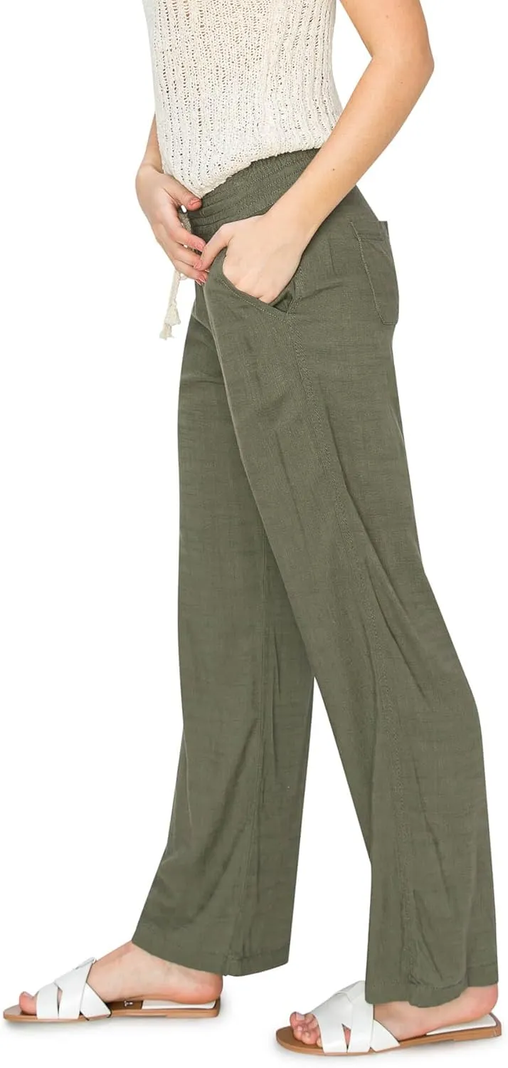 Cali1850 Women's Casual Relaxed Fit 29" Inseam Drawstring High Rise Smocked Linen Pants for Lounge and Beach Wear